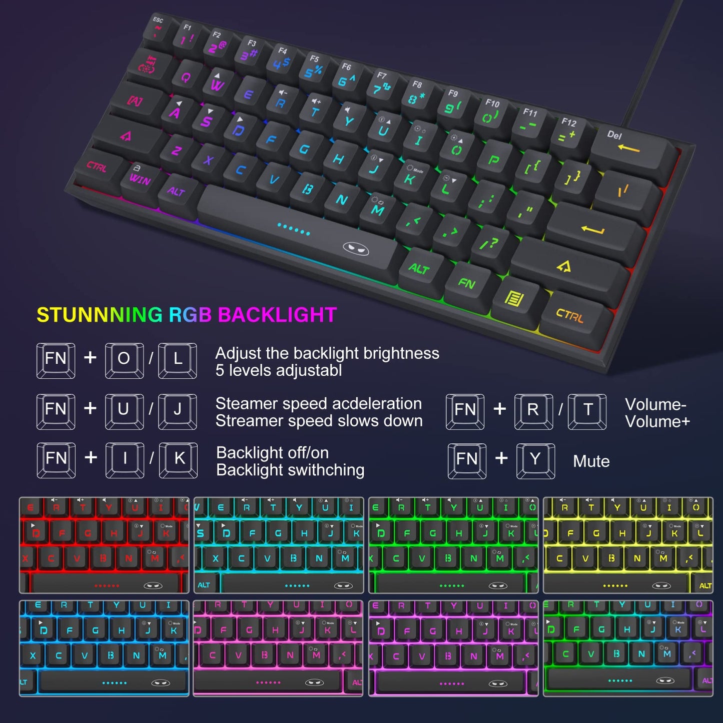 MageGee Mini 60% Gaming Keyboard, RGB Backlit 61 Key
